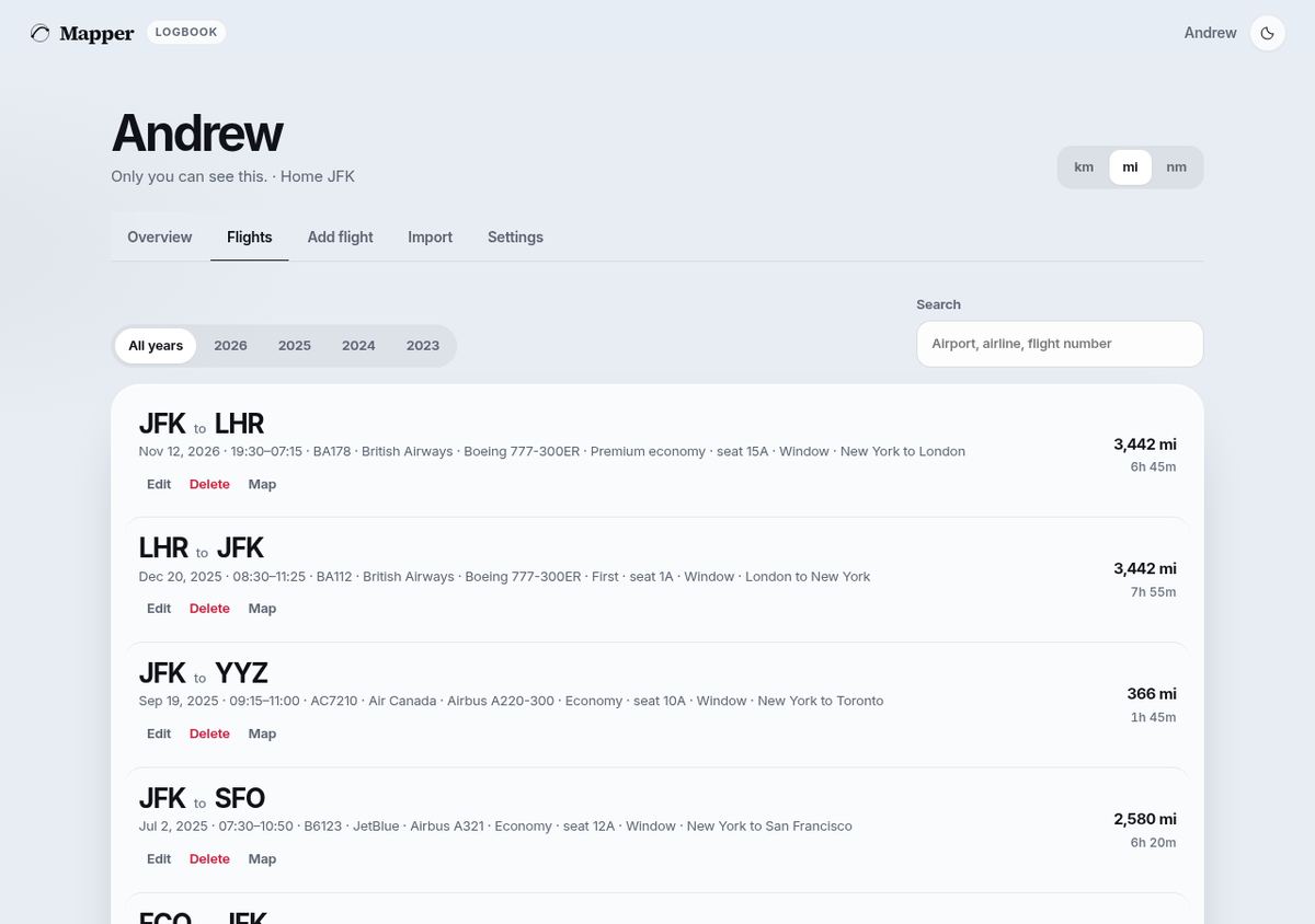 A list of logged flights with dates, airlines, and distances