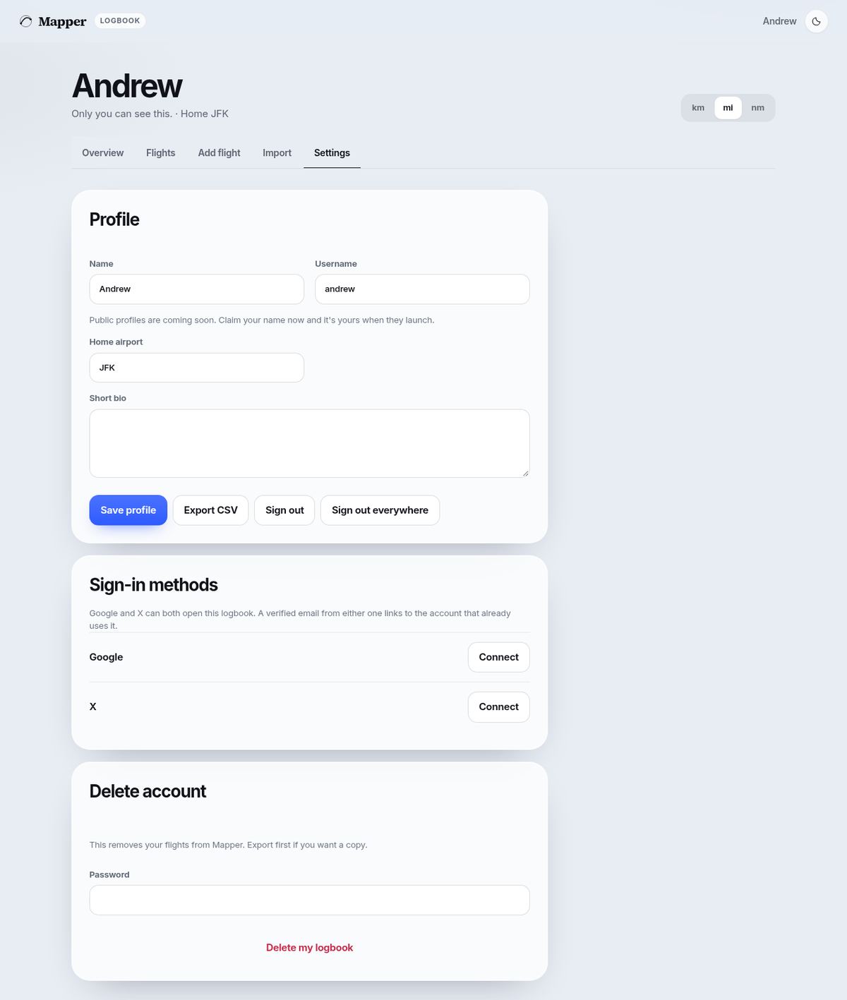 Settings with a username, CSV export, and account deletion